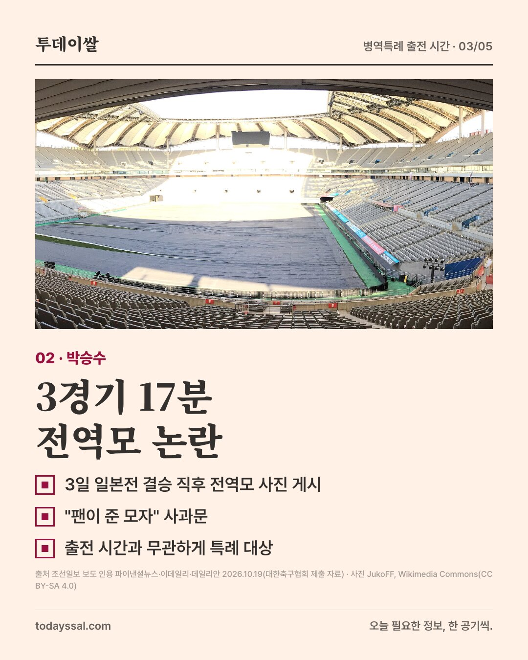 02 박승수. 서울월드컵경기장 사진. 3경기 17분 전역모 논란. 3일 일본전 결승 직후 전역모 사진 게시, 팬이 준 모자 사과문, 출전 시간과 무관하게 특례 대상.