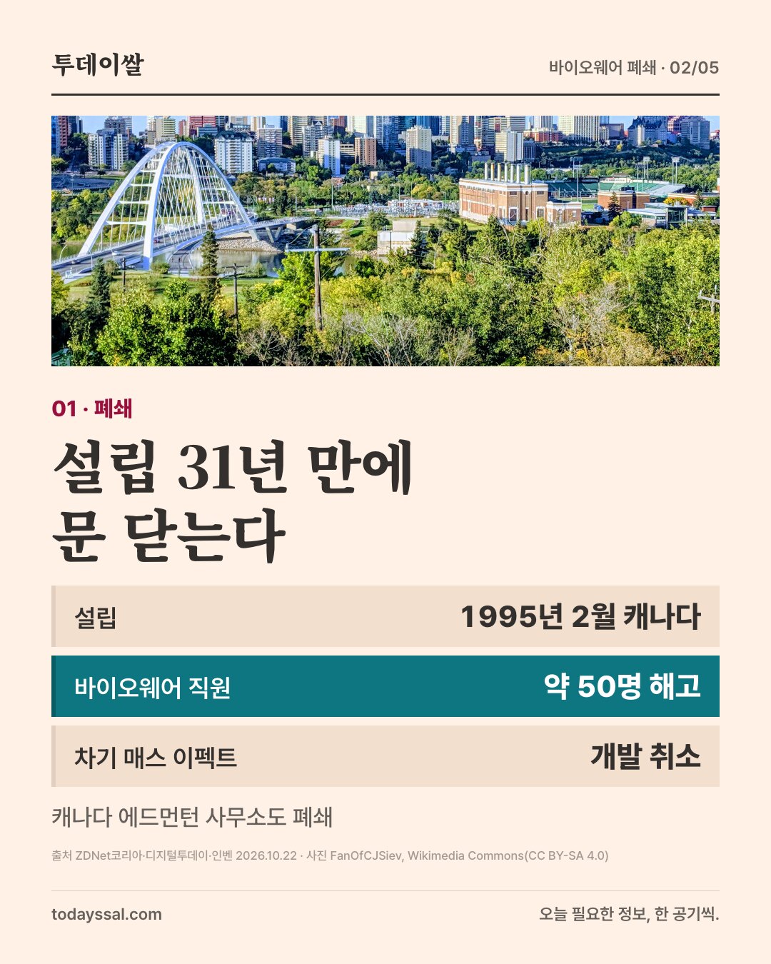 01 폐쇄. 캐나다 에드먼턴 도심 전경 사진. 설립 31년 만에 문 닫는다. 설립 1995년 2월 캐나다, 바이오웨어 직원 약 50명 해고, 차기 매스 이펙트 개발 취소. 캐나다 에드먼턴 사무소도 폐쇄.