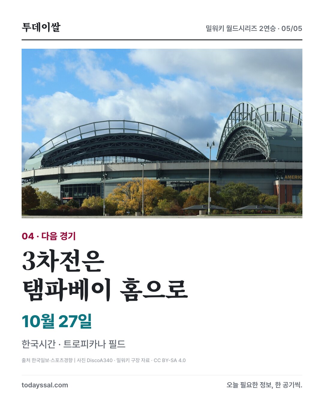 밀워키 구장 자료사진과 10월 27일 탬파베이 홈 3차전 일정