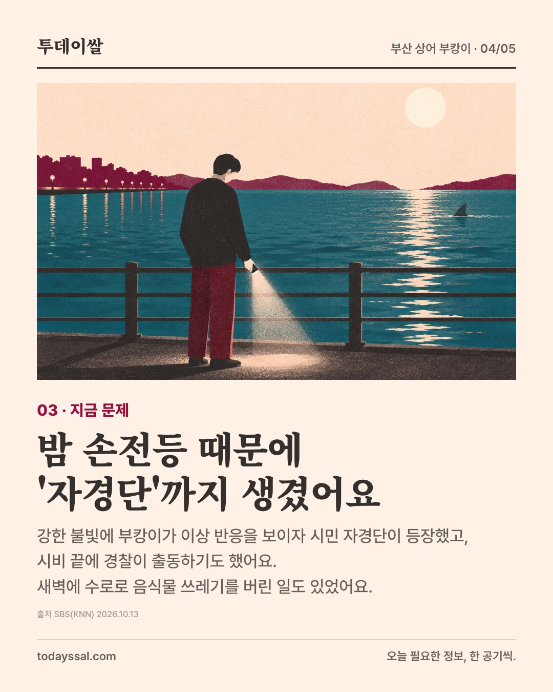 03 지금 문제. 밤 손전등 때문에 자경단까지 생겼어요. 강한 불빛에 부캉이가 이상 반응, 시민 자경단 등장, 시비 끝에 경찰 출동, 새벽 음식물 쓰레기 투기도.