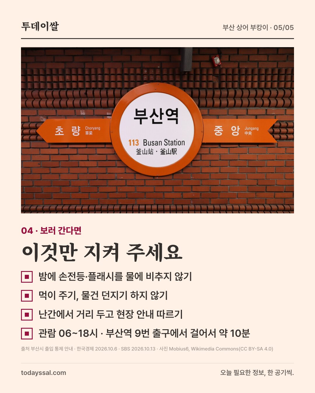 04 부산역 역명판 사진. 보러 간다면 이것만 지켜 주세요. 밤에 손전등과 플래시를 물에 비추지 않기, 먹이 주기와 물건 던지기 금지, 난간에서 거리 두고 현장 안내 따르기, 관람 오전 6시부터 오후 6시, 부산역 9번 출구에서 걸어서 약 10분.