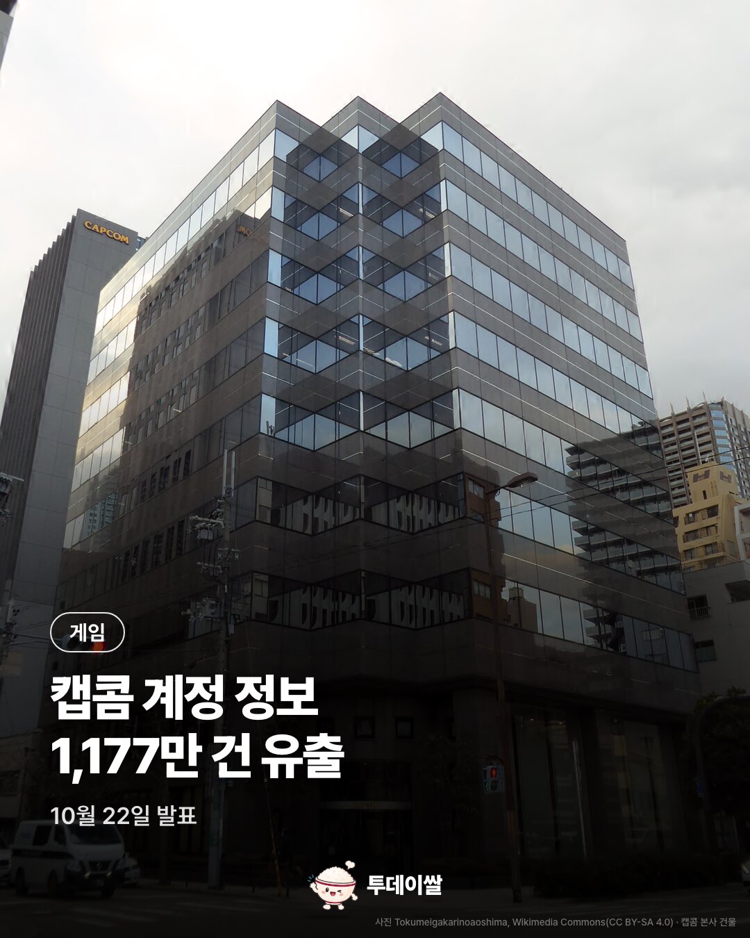 표지. 캡콤 본사 건물을 올려다본 사진. 게임, 캡콤 계정 정보 1,177만 건 유출. 10월 22일 발표.