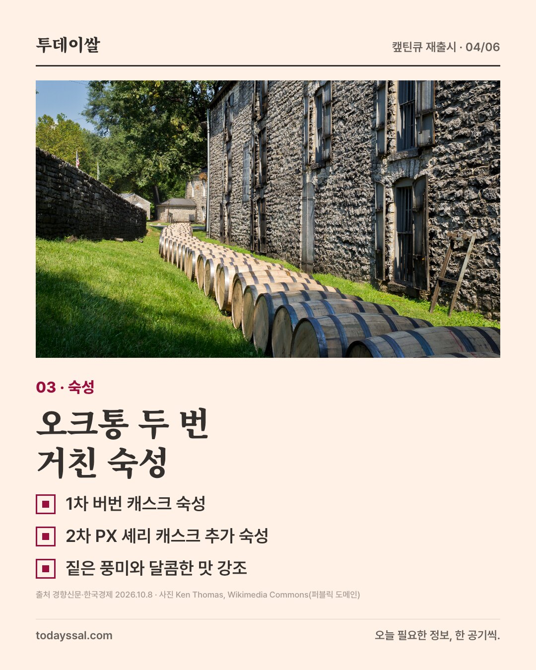 03 숙성. 증류소 건물 옆에 오크통이 줄지어 놓인 사진. 오크통 두 번 거친 숙성. 1차 버번 캐스크 숙성, 2차 PX 셰리 캐스크 추가 숙성, 짙은 풍미와 달콤한 맛 강조.