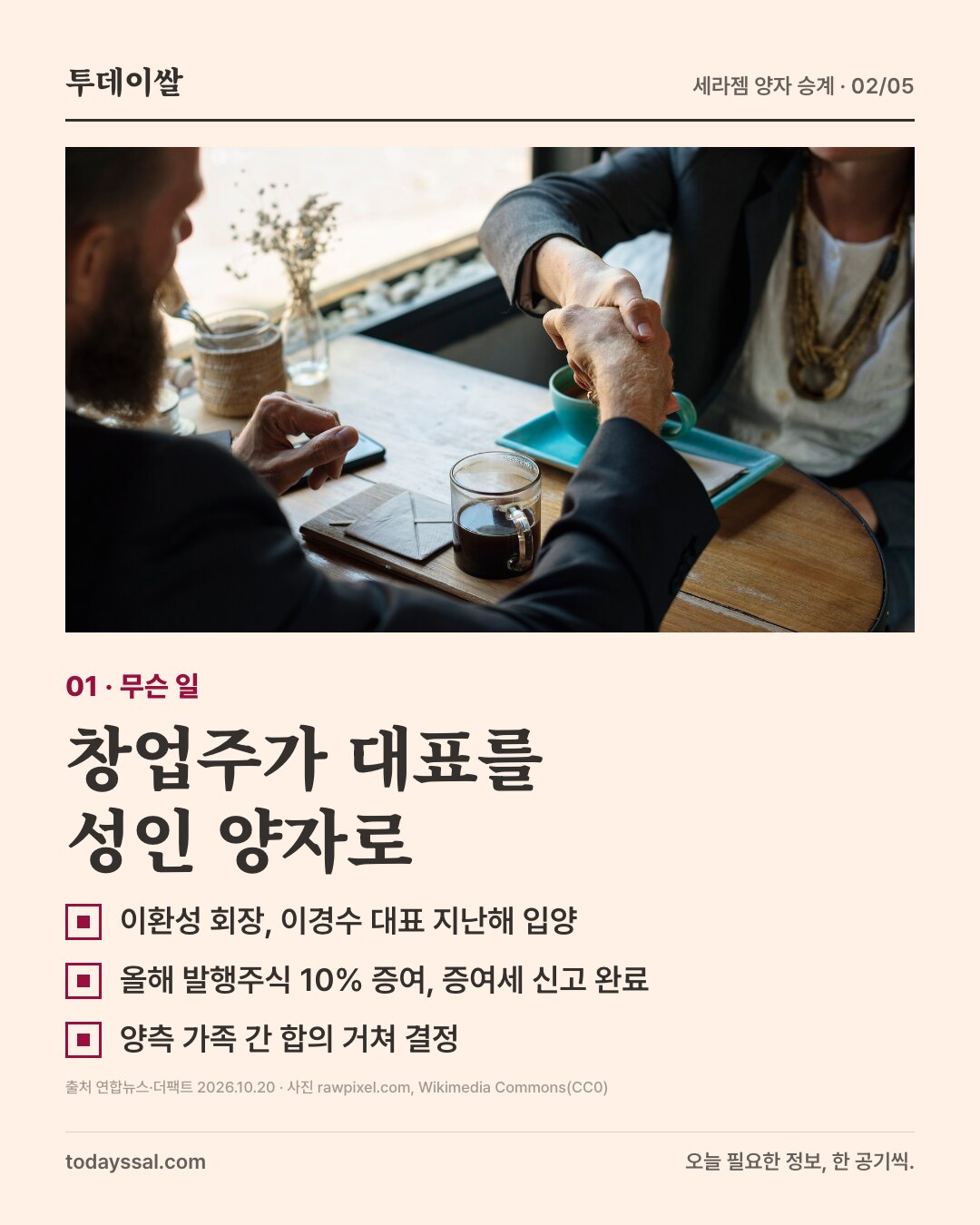 01 무슨 일. 카페에서 악수하는 두 사람 사진. 창업주가 대표를 성인 양자로. 이환성 회장 이경수 대표 지난해 입양, 올해 발행주식 10% 증여와 증여세 신고 완료, 양측 가족 간 합의 거쳐 결정.