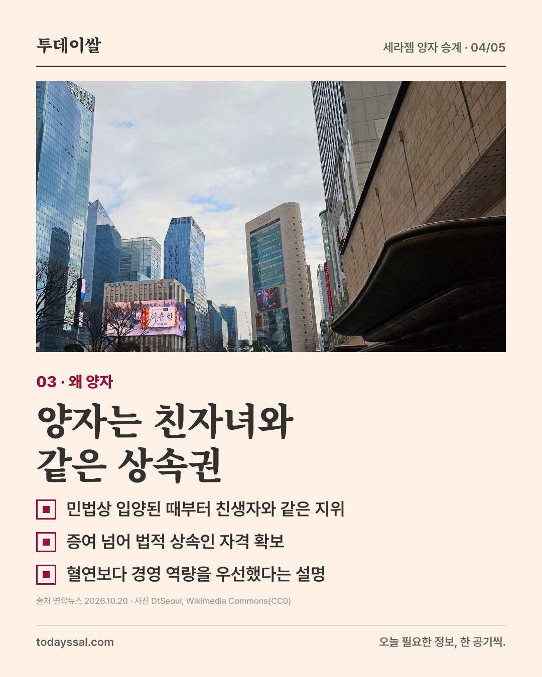 03 왜 양자. 서울 도심 고층 빌딩 사진. 양자는 친자녀와 같은 상속권. 민법상 입양된 때부터 친생자와 같은 지위, 증여 넘어 법적 상속인 자격 확보, 혈연보다 경영 역량을 우선했다는 설명.