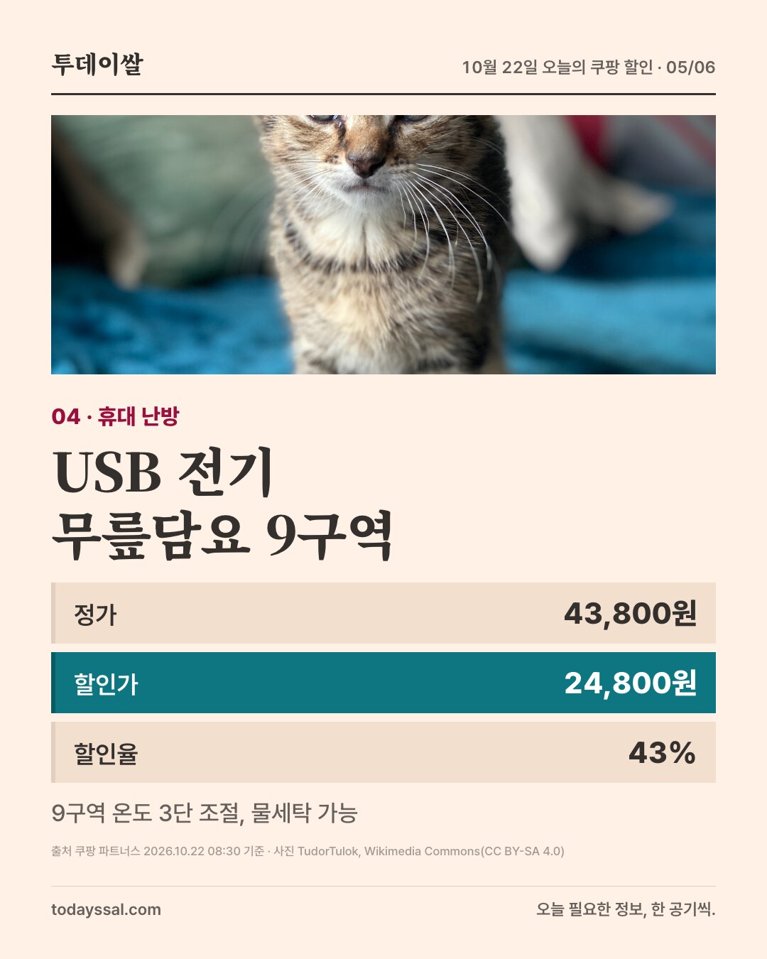 04 휴대 난방. 파란 담요 위의 아기 고양이 사진. USB 전기 무릎담요 9구역, 정가 43,800원, 할인가 24,800원, 할인율 43퍼센트. 3단 조절, 워셔블.
