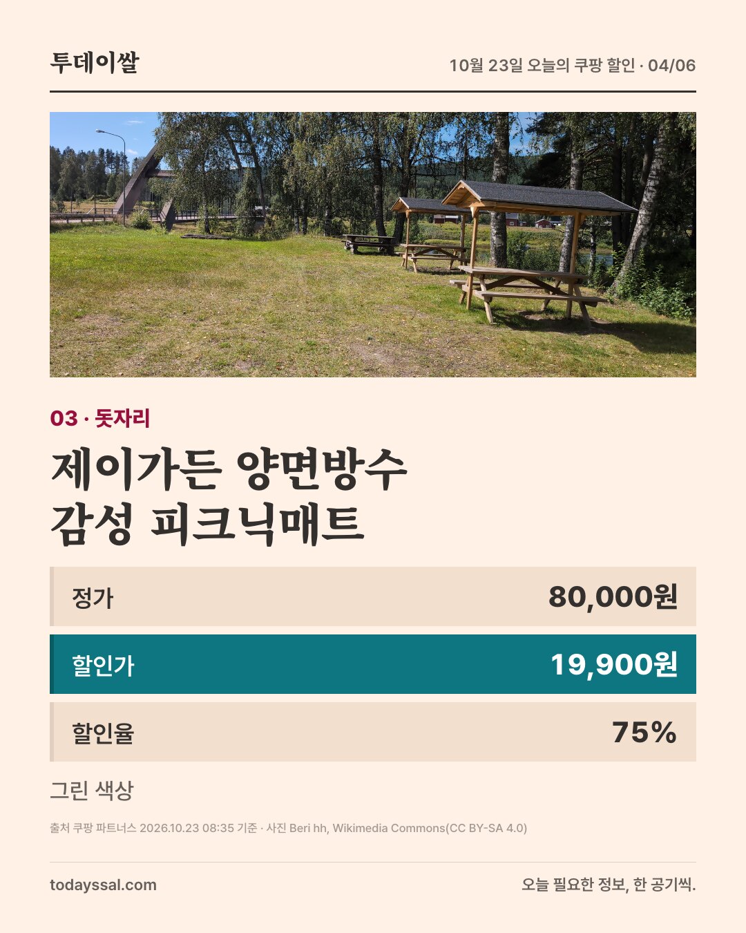 03 돗자리. 잔디밭 위 피크닉 테이블 사진. 제이가든 양면방수 감성 피크닉매트, 정가 80,000원, 할인가 19,900원, 할인율 75퍼센트. 그린 색상.