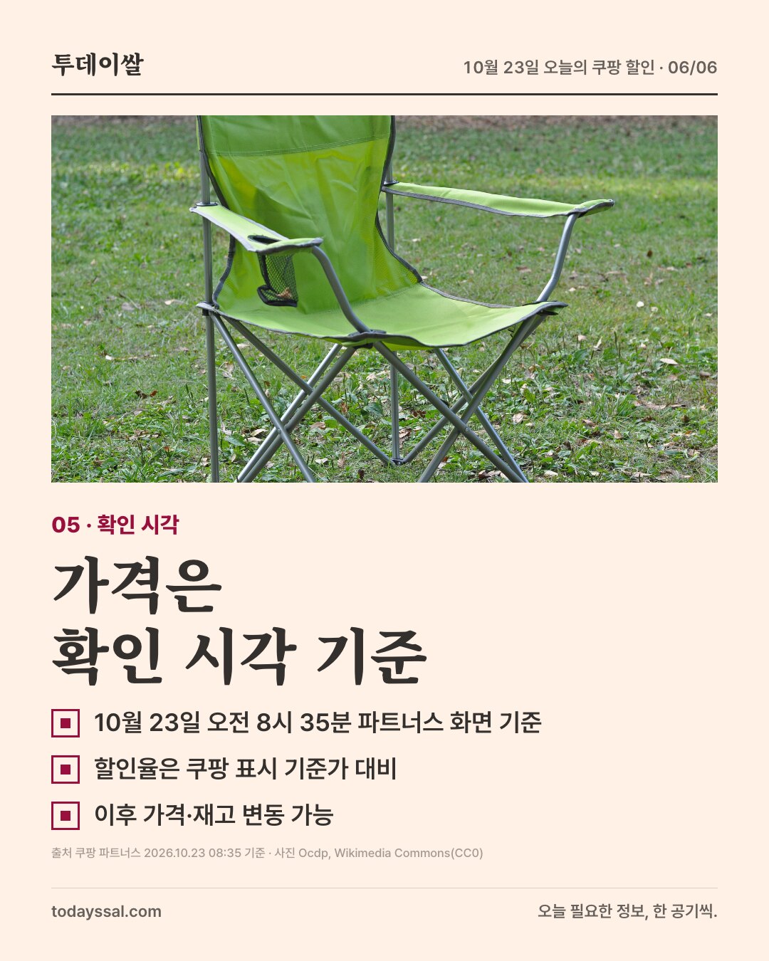 05 확인 시각. 잔디 위 초록색 접이식 의자 사진. 가격은 확인 시각 기준. 10월 23일 오전 8시 35분 파트너스 화면 기준, 할인율은 쿠팡 표시 기준가 대비 숫자, 가격과 재고는 이후 바뀔 수 있음.