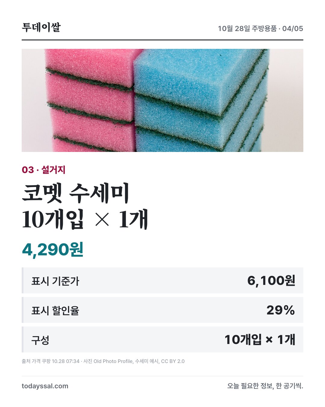 코멧 수세미 열 개입 4,290원과 표시 할인율 29%