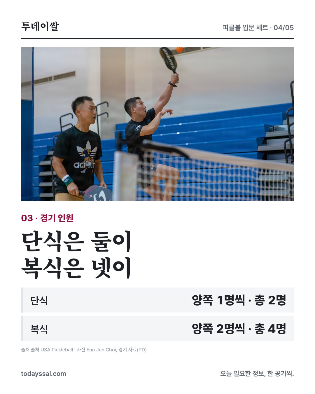 일반 복식 경기 사진과 단식 2명 복식 4명 인원 안내