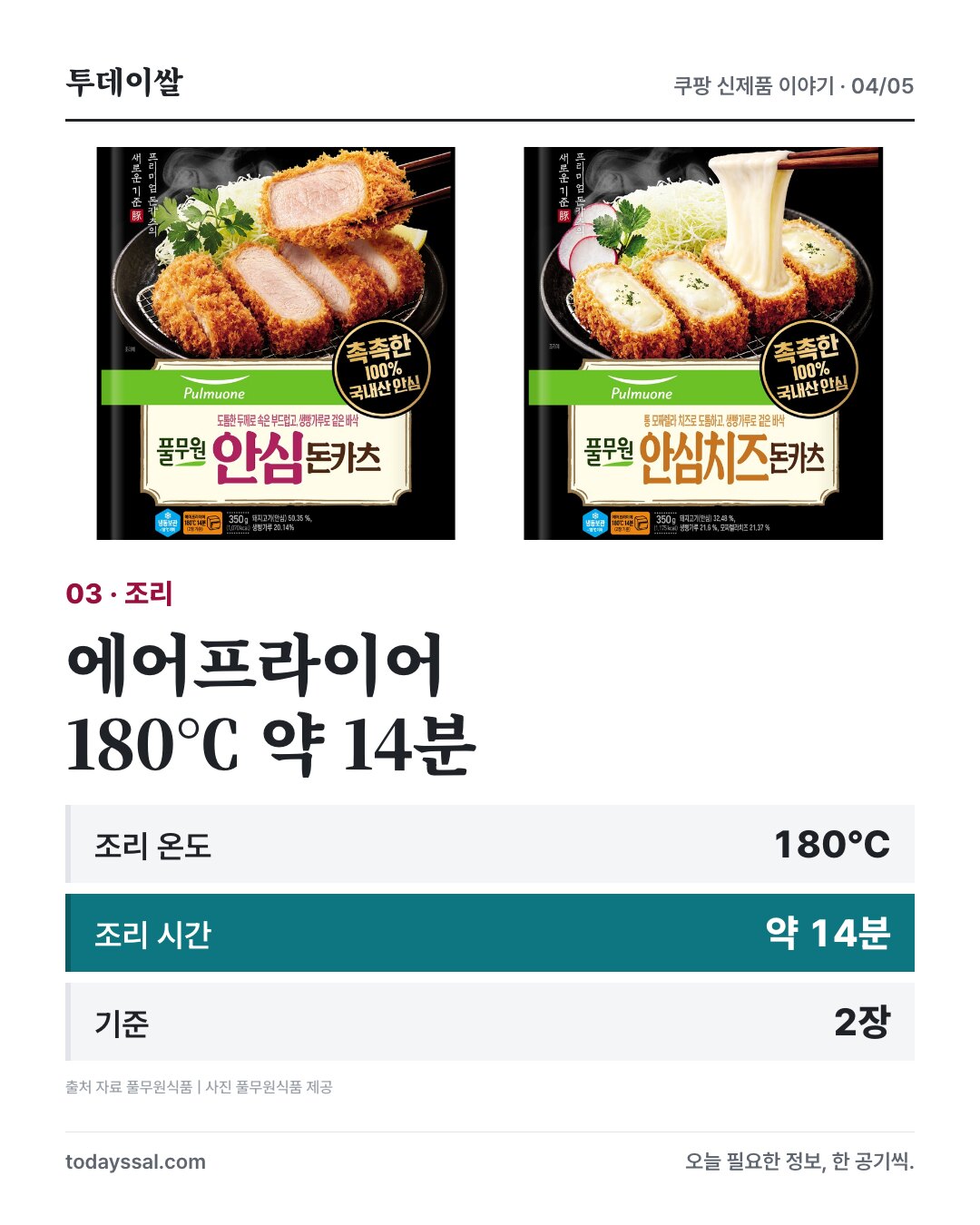 에어프라이어 180도 약 14분, 2장 기준 조리법