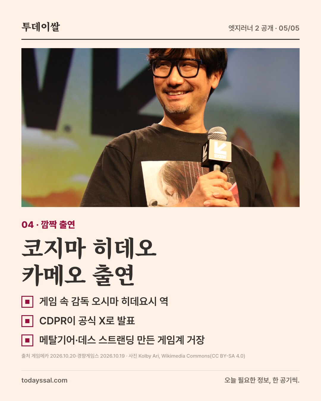 04 깜짝 출연. 마이크를 든 코지마 히데오 사진. 코지마 히데오 카메오 출연. 게임 속 감독 오시마 히데요시 역, CDPR 공식 X로 발표, 메탈기어·데스 스트랜딩 만든 게임계 거장.