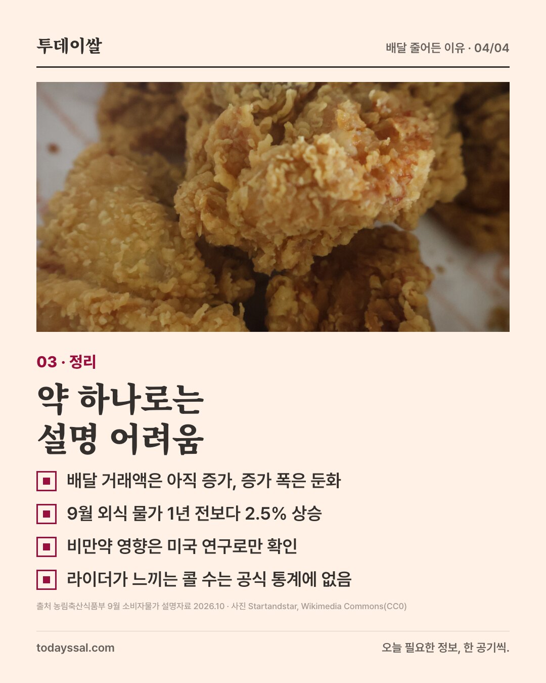 03 정리. 프라이드치킨 사진. 약 하나로는 설명 어려움. 배달 거래액은 아직 증가하지만 증가 폭은 둔화, 9월 외식 물가 1년 전보다 2.5% 상승, 비만약 영향은 미국 연구로만 확인, 라이더가 느끼는 콜 수는 공식 통계에 없음.