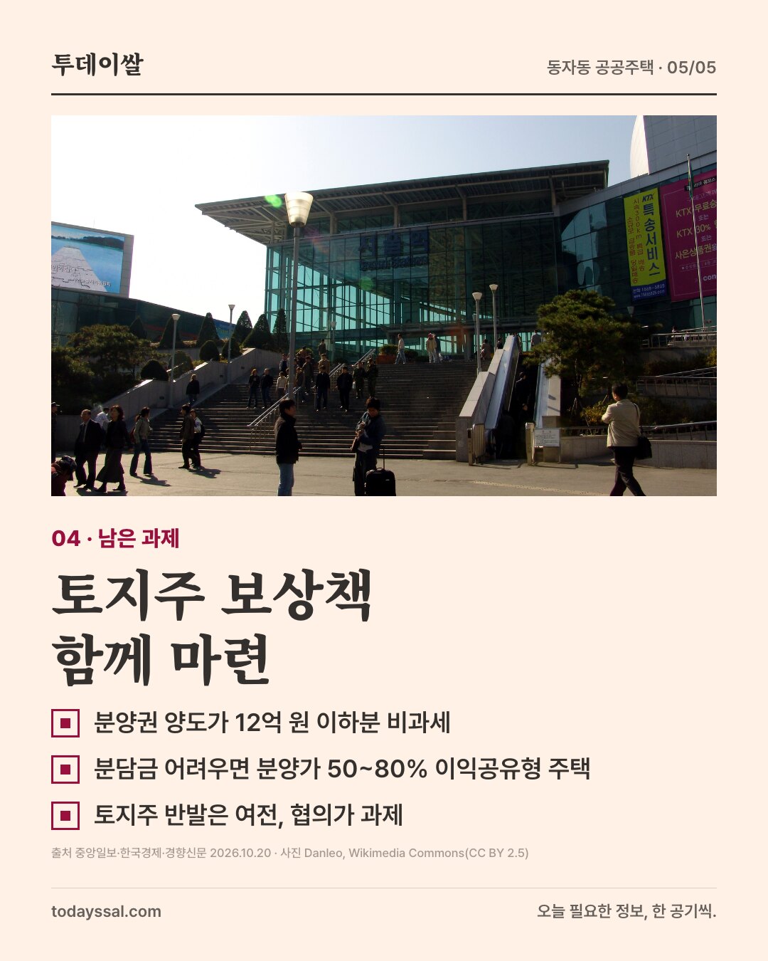 04 남은 과제. 서울역 출입구 사진. 토지주 보상책 함께 마련. 분양권 양도가 12억 원 이하분 비과세, 분담금 어려우면 분양가 50~80% 이익공유형 주택, 토지주 반발은 여전하고 협의가 과제.