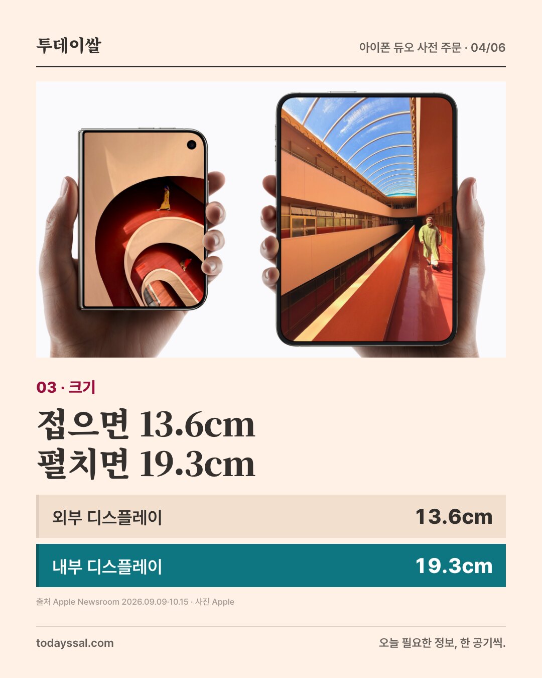 외부 화면과 내부 화면을 나란히 든 모습. 접으면 13.6cm 펼치면 19.3cm.