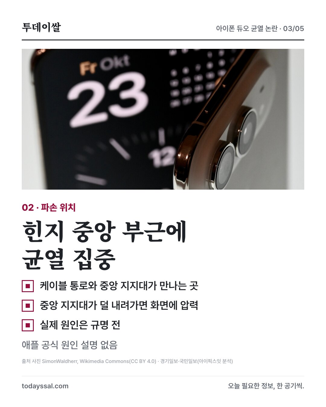 힌지 중앙 부근에 집중된 균열 위치와 원인 미규명 안내