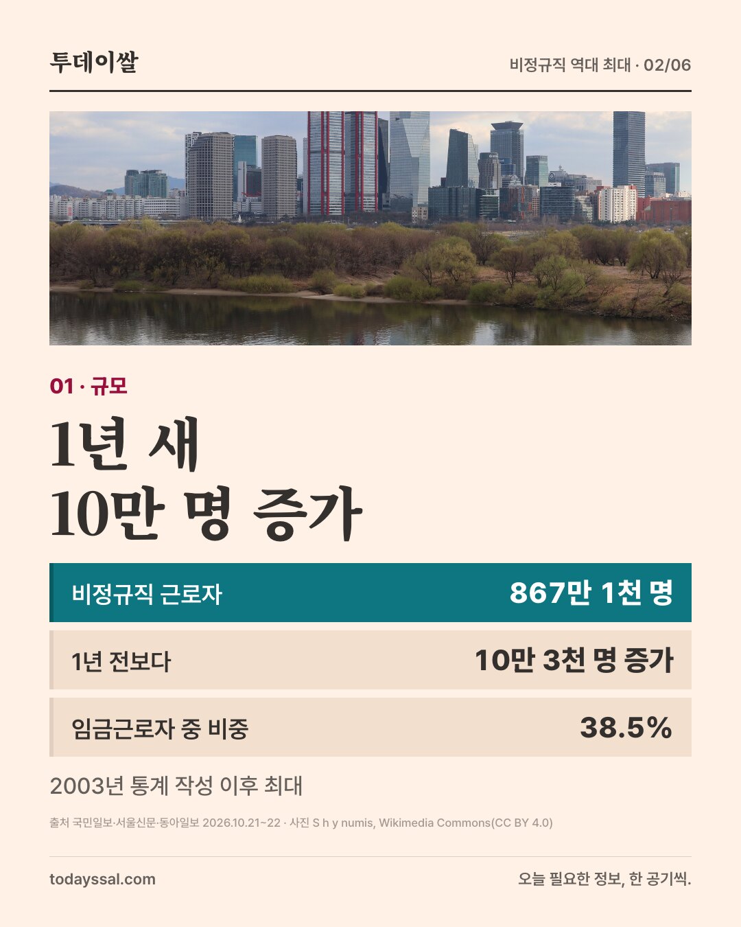 01 규모. 여의도 고층 빌딩 사진. 1년 새 10만 명 증가. 비정규직 근로자 867만 1천 명, 1년 전보다 10만 3천 명 증가, 임금근로자 중 비중 38.5%. 2003년 통계 작성 이후 최대.