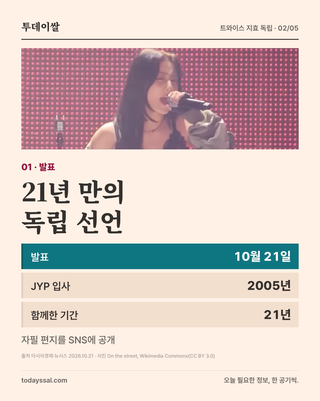 01 발표. 무대에서 노래하는 지효 사진. 21년 만의 독립 선언. 발표 10월 21일, JYP 입사 2005년, 함께한 기간 21년. 자필 편지를 SNS에 공개.