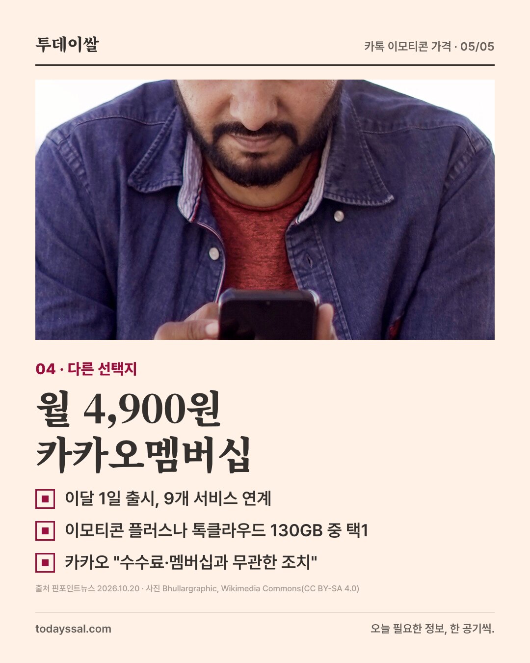04 다른 선택지. 스마트폰을 보는 남성 사진. 월 4,900원 카카오멤버십. 이달 1일 출시 9개 서비스 연계, 이모티콘 플러스나 톡클라우드 130GB 중 택1, 카카오 수수료·멤버십과 무관한 조치.