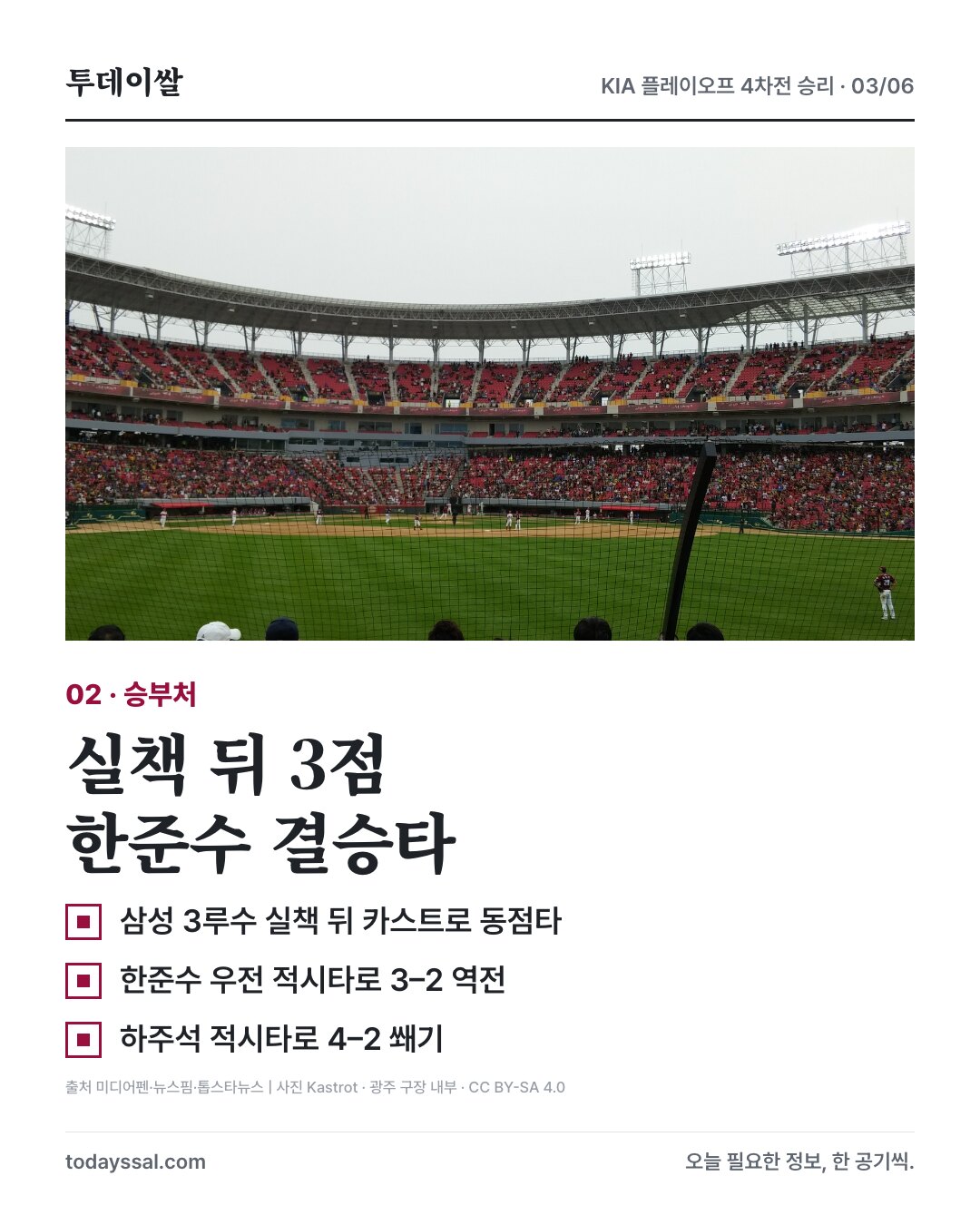 광주 구장 내부와 삼성 3루수 실책 뒤 한준수 결승타