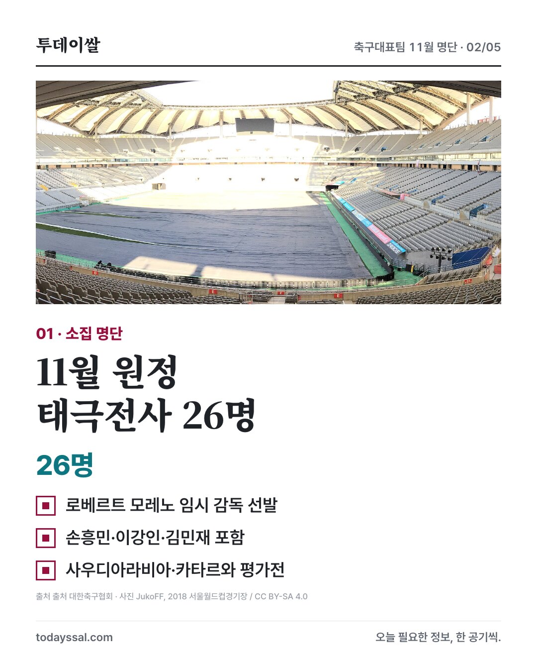 서울월드컵경기장 사진과 11월 원정 태극전사 26명과 주요 선발 선수