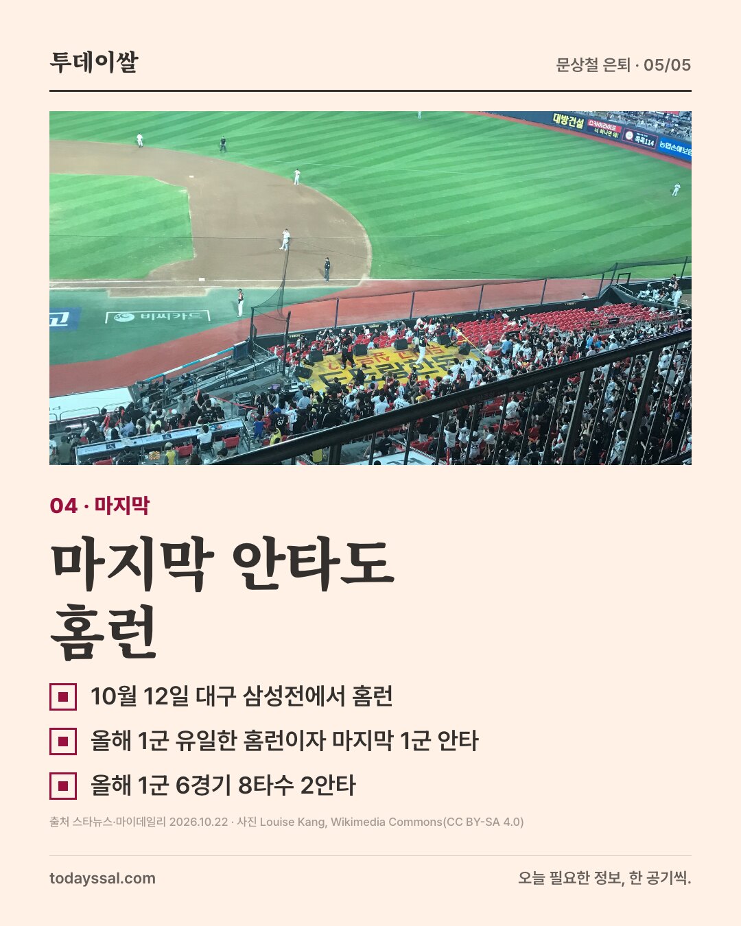 04 마지막. 야구장 내야와 응원단 사진. 마지막 안타도 홈런. 10월 12일 대구 삼성전 홈런, 올해 1군 유일한 홈런이자 마지막 1군 안타, 올해 1군 6경기 8타수 2안타.