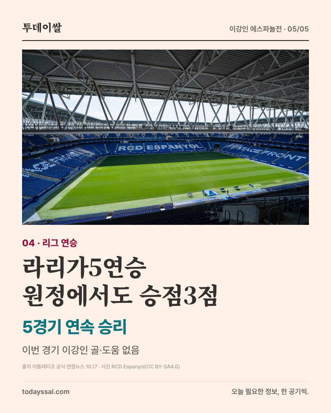 라리가5연승. 원정에서도 승점3점. RCDE 경기장