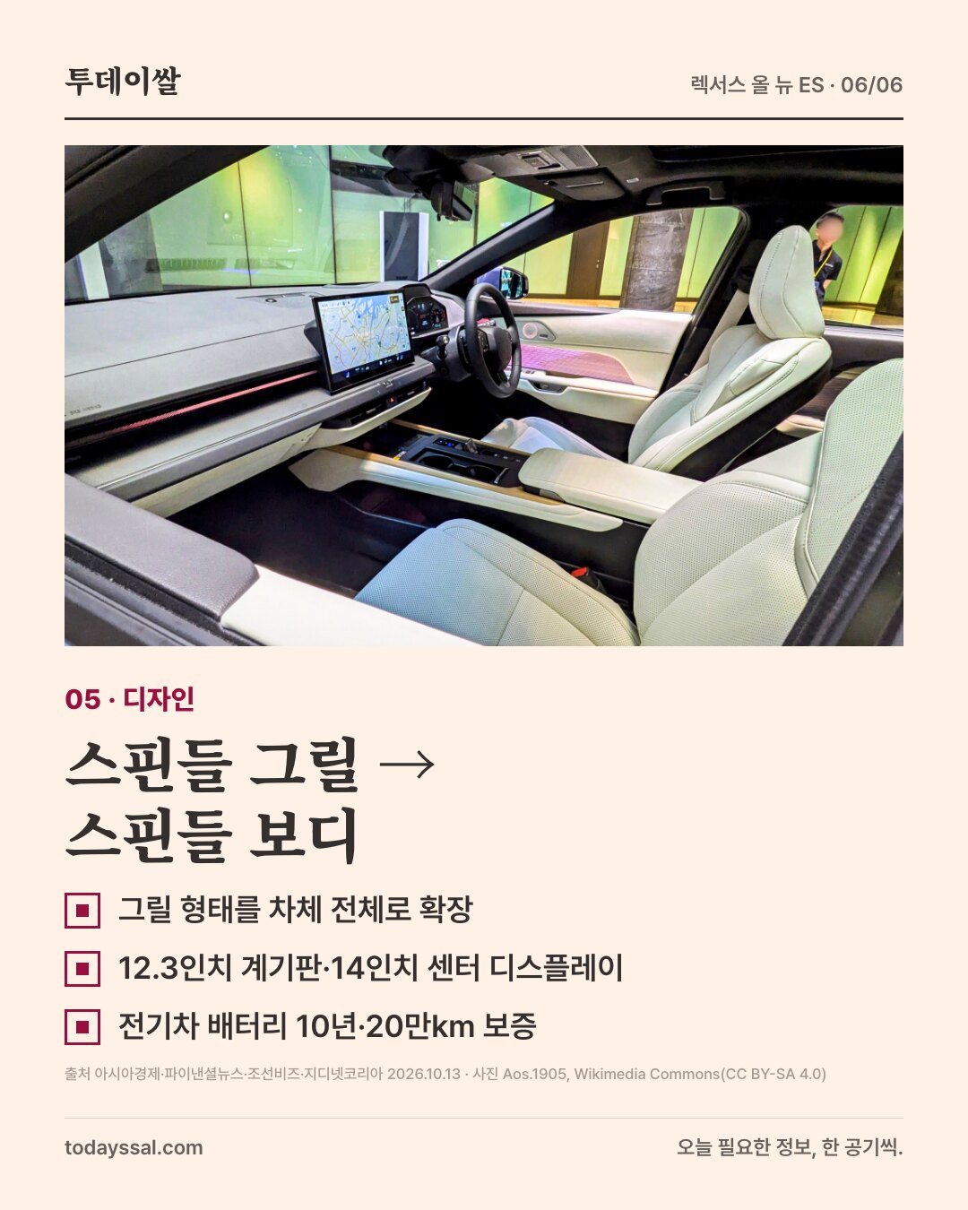 05 디자인. ES 350e 실내 사진. 스핀들 그릴에서 스핀들 보디로. 그릴 형태를 차체 전체로 확장, 12.3인치 계기판·14인치 센터 디스플레이, 전기차 배터리 10년·20만km 보증.