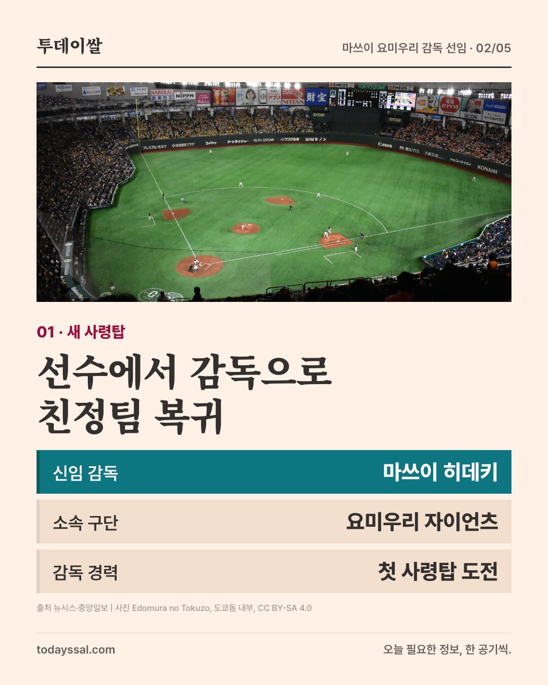 도쿄돔 내부 사진. 01 · 새 사령탑. 선수에서 감독으로 친정팀 복귀. 신임 감독 마쓰이 히데키 소속 구단 요미우리 자이언츠 감독 경력 첫 사령탑 도전