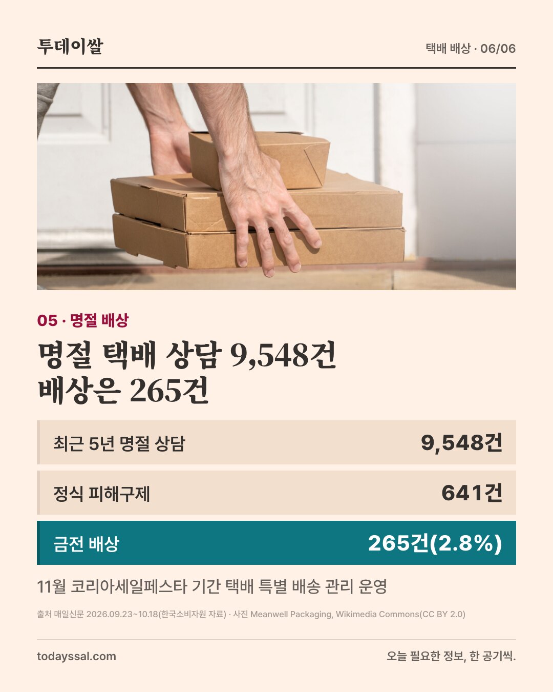 05 명절 배상. 상자를 들어 올리는 손 사진. 명절 택배 상담 9,548건, 배상은 265건. 최근 5년 명절 상담 9,548건, 정식 피해구제 641건, 금전 배상 265건(2.8%). 11월 코리아세일페스타 기간 택배 특별 배송 관리 운영.