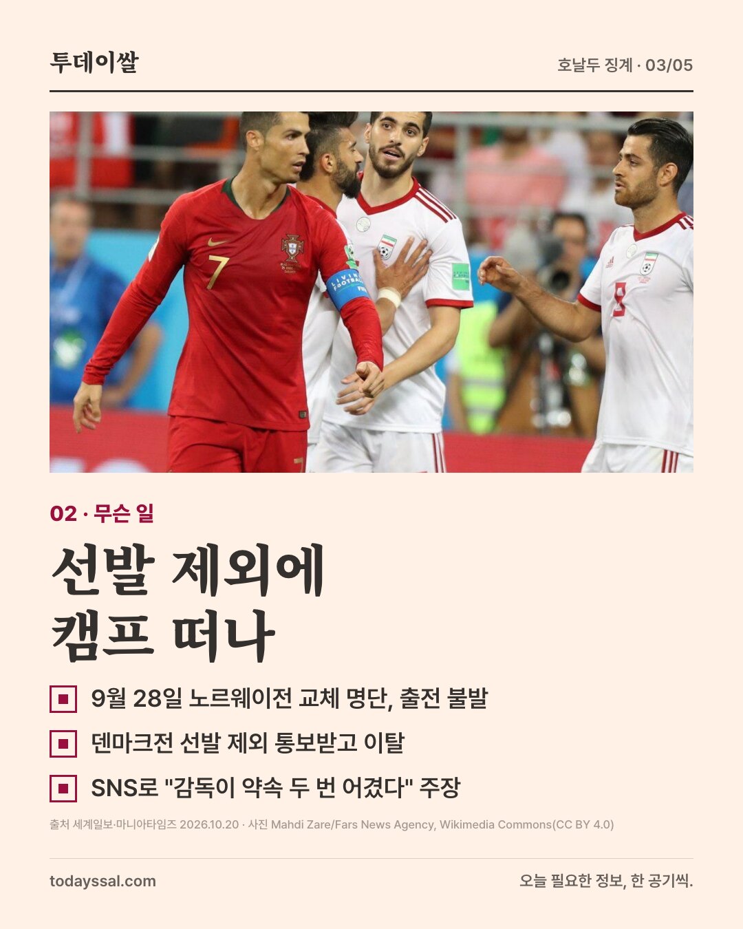 02 무슨 일. 주장 완장을 찬 호날두 경기 사진. 선발 제외에 캠프 떠나. 9월 28일 노르웨이전 교체 명단에서 출전 불발, 덴마크전 선발 제외 통보받고 이탈, SNS로 감독이 약속 두 번 어겼다고 주장.