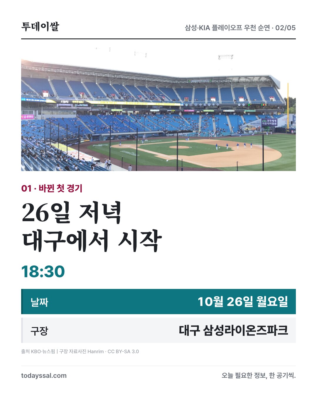 1차전은 10월 26일 월요일 18시 30분 대구 삼성라이온즈파크