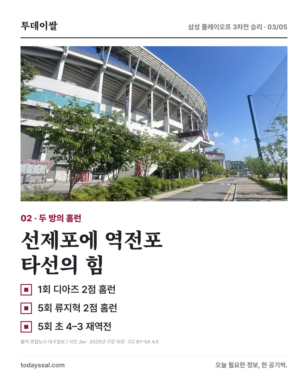 광주 구장 외관과 디아즈와 류지혁의 2점 홈런