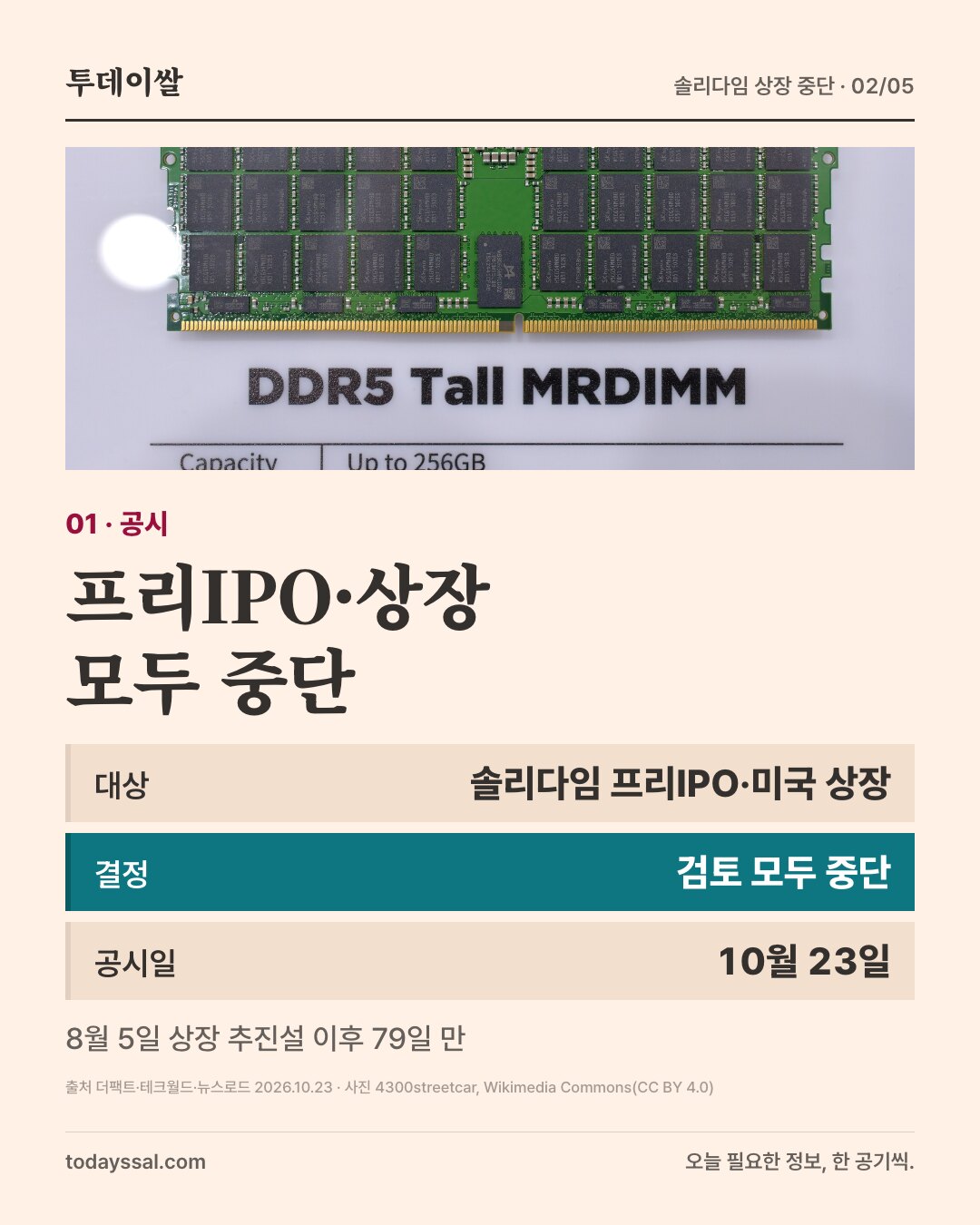 01 공시. SK하이닉스 DDR5 Tall MRDIMM 메모리 모듈 사진. 프리IPO·상장 모두 중단. 대상 솔리다임 프리IPO·미국 상장, 결정 검토 모두 중단, 공시일 10월 23일. 8월 5일 상장 추진설 이후 79일 만.