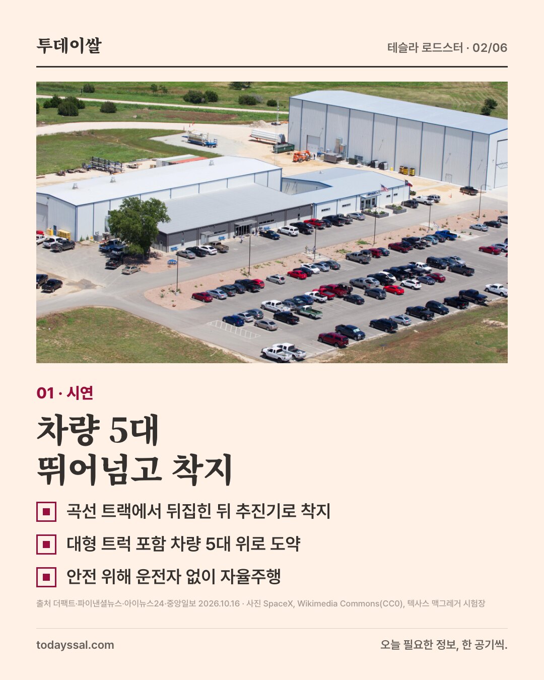 01 시연. 텍사스 맥그레거 스페이스X 시험장 항공 사진. 차량 5대 뛰어넘고 착지. 곡선 트랙에서 뒤집힌 뒤 추진기로 착지, 대형 트럭 포함 차량 5대 위로 도약, 안전 위해 운전자 없이 자율주행.