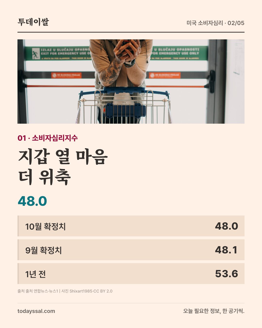 쇼핑객 사진과 10월 확정치 48.0, 9월 48.1, 전년 53.6 비교