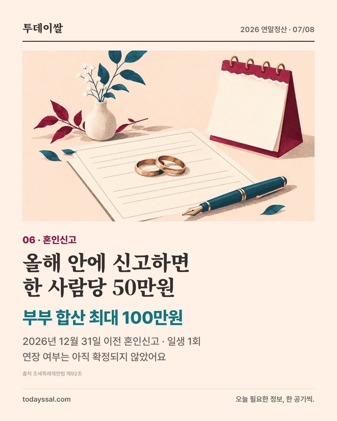 06 혼인신고. 올해 안에 신고하면 한 사람당 50만원, 부부 합산 최대 100만원. 2026년 12월 31일 이전 혼인신고, 일생 1회. 연장 여부는 아직 확정되지 않았어요.
