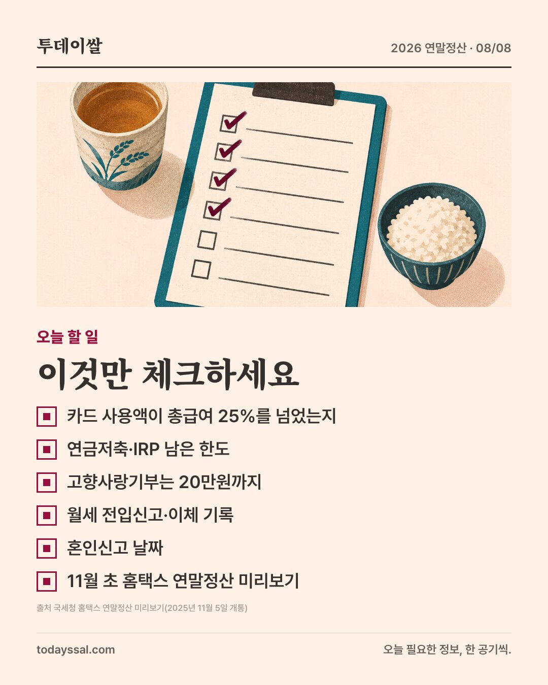 오늘 할 일 체크리스트. 카드 사용액이 총급여 25%를 넘었는지, 연금저축과 IRP 남은 한도, 고향사랑기부는 20만원까지, 월세 전입신고와 이체 기록, 혼인신고 날짜, 11월 초 홈택스 연말정산 미리보기.