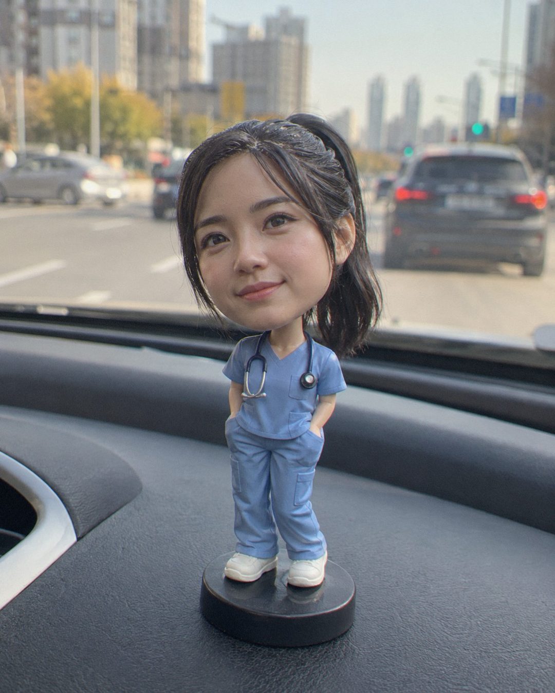 자동차 대시보드 위 하늘색 근무복 차림의 버블헤드 인형