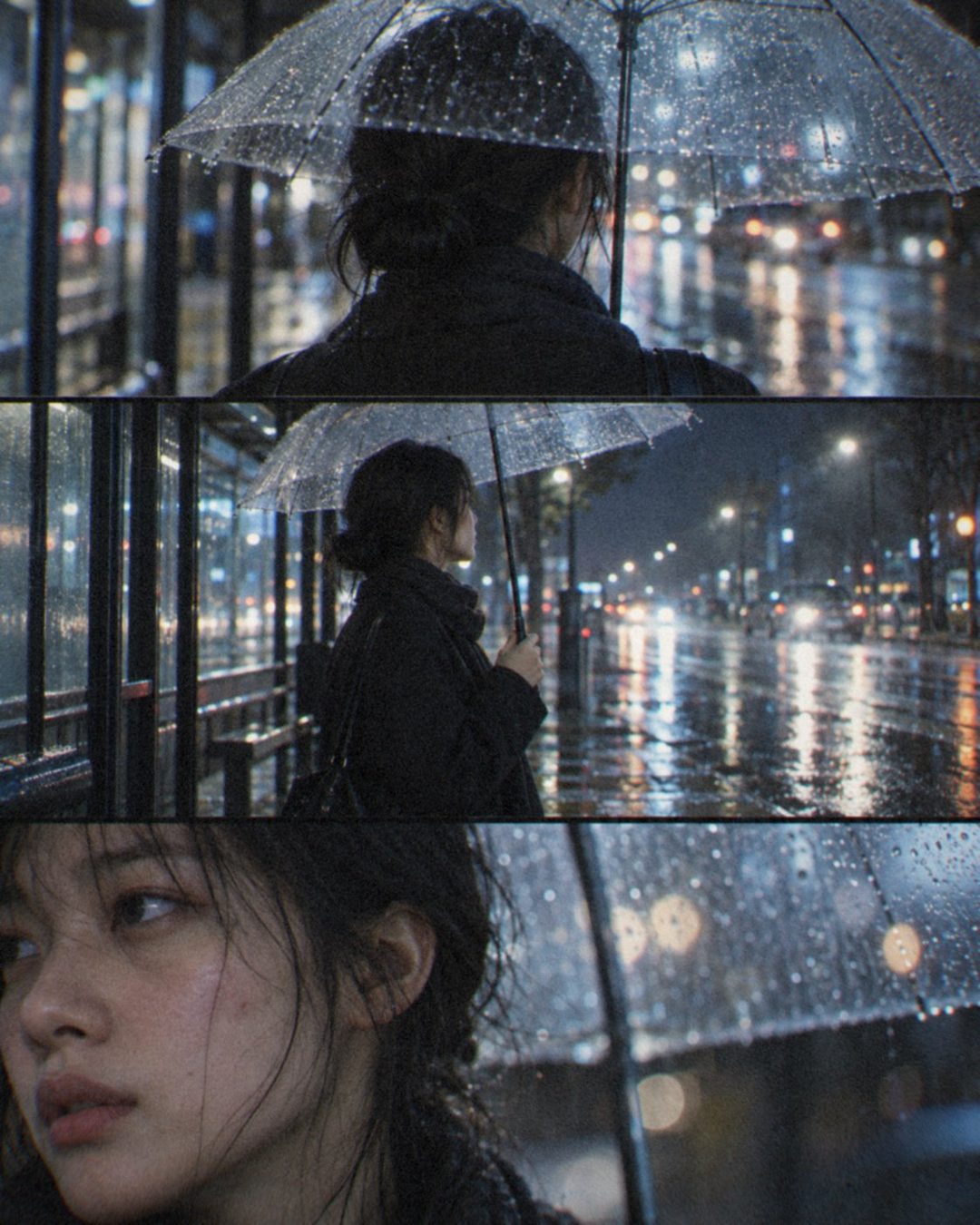 비 오는 밤 버스 정류장의 투명 우산 여성 3분할 필름 화보