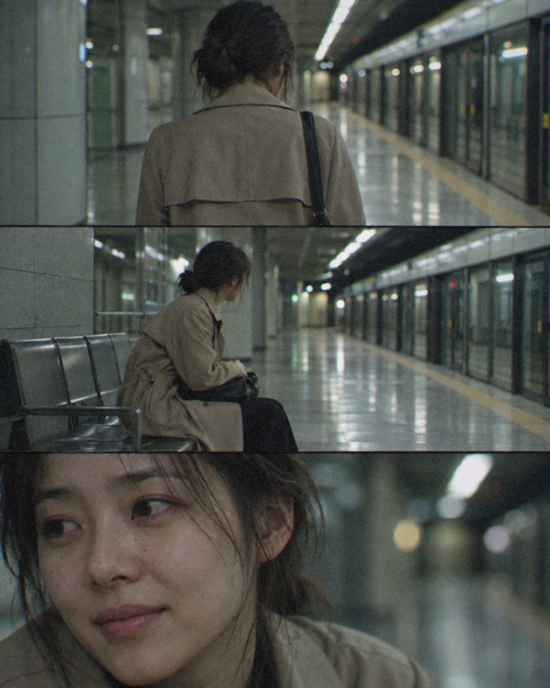 늦은 밤 빈 지하철 승강장의 트렌치코트 직장인 3분할 필름 화보